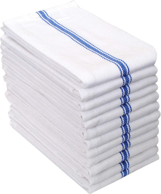 Cotton Herringbone White Dish Towels Set of 12 - Highly Absorbent, Super Soft Tea Towel with Hanging Loops - Extra Large Quick Dry Bar Towel (16X28 Inch - Blue)