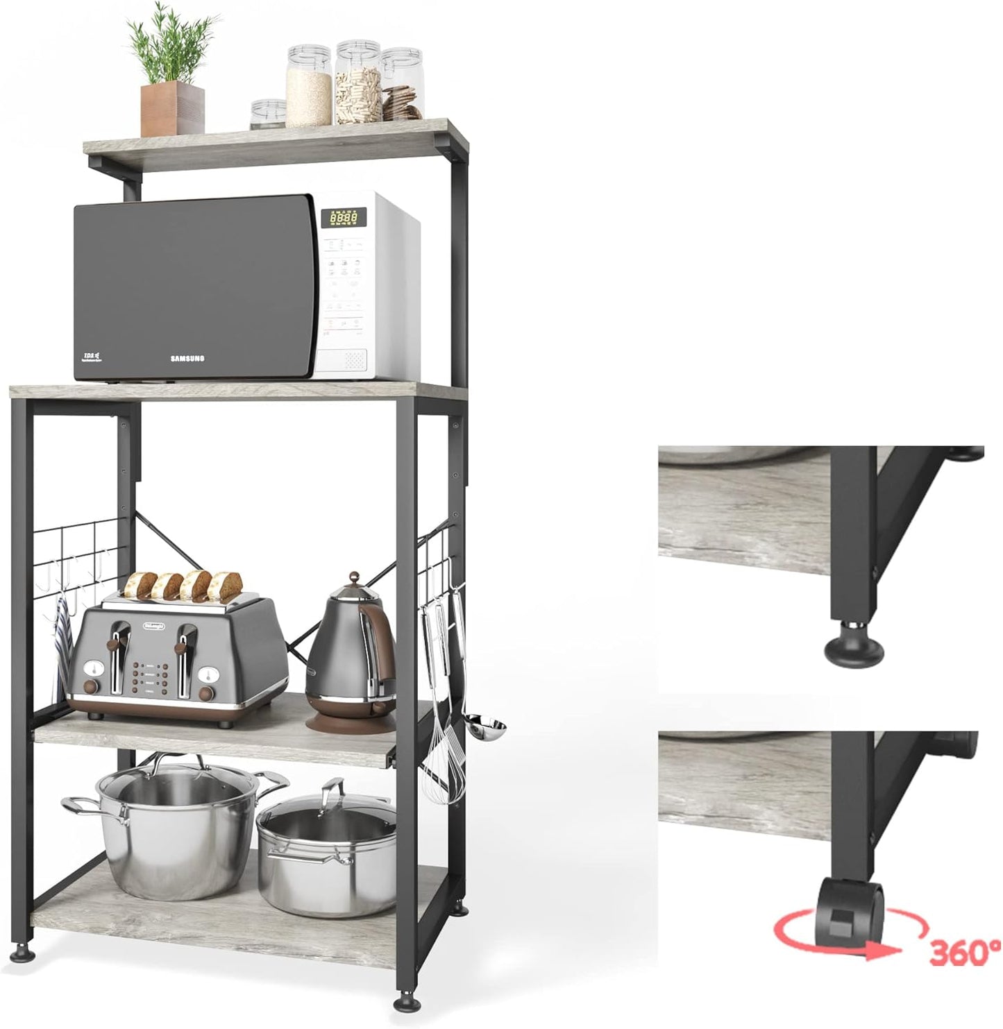 Kitchen Bakers Rack Microwave Stand Kitchen Cart on Wheels Utility Storage Shelf with 10 Side Hooks Kitchen Organizer Shelves with Adjustable Feet