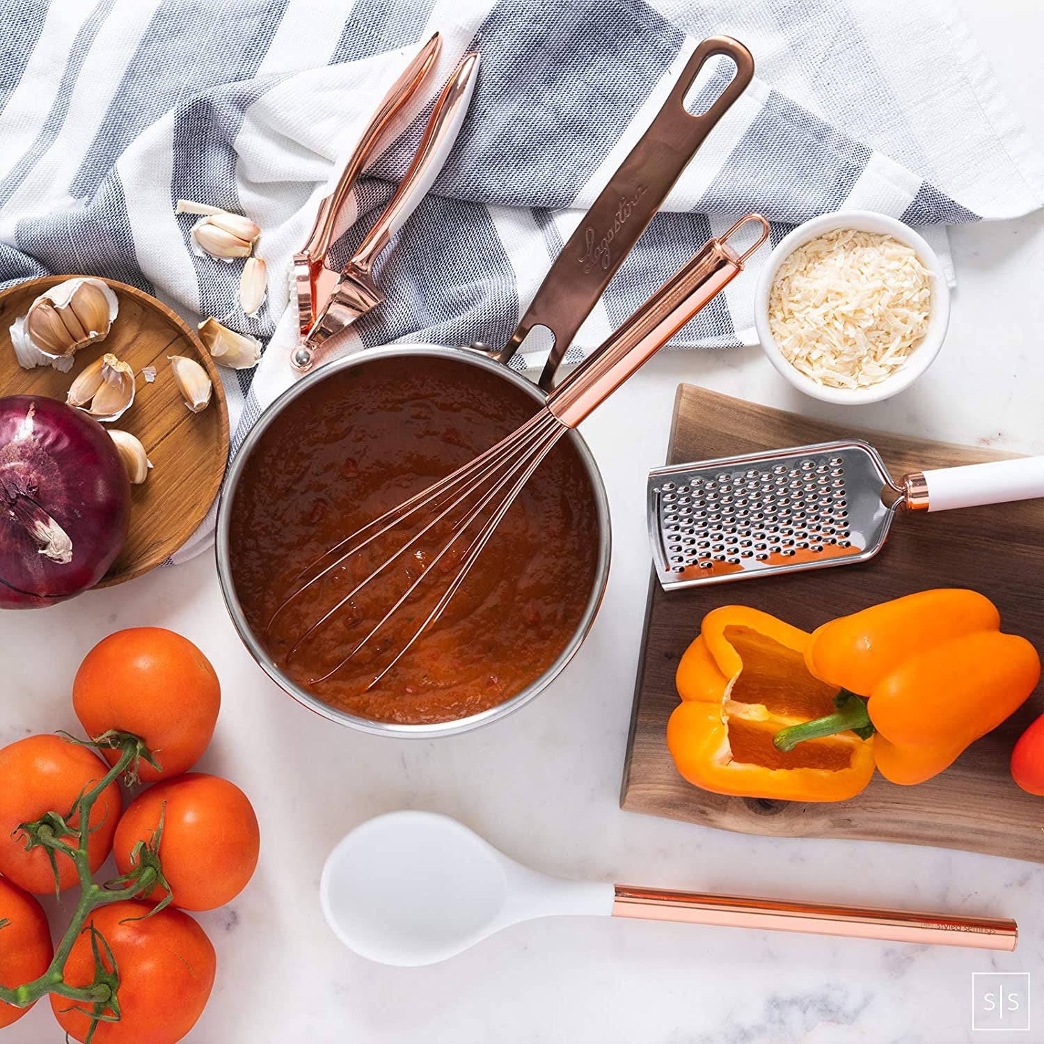 White Silicone & Copper Kitchen Utensils Set with Holder - 17 PC Rose Gold Kitchen Utensils Set Includes White & Copper Measuring Cups and Spoons & Copper Utensil Holder - Copper Kitchen Accessories