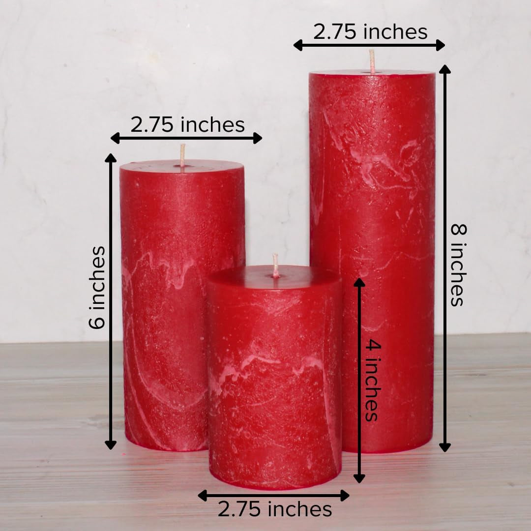 3X4, 3X6, 3X8 Inch Red Pillar Candles, Set of 3 Pillar Candles, Rustic Texture, Unscented Red Candles, Dripless Candles, Ideal as Wedding, Parties, Spa, Dinner, Home Decor, Church