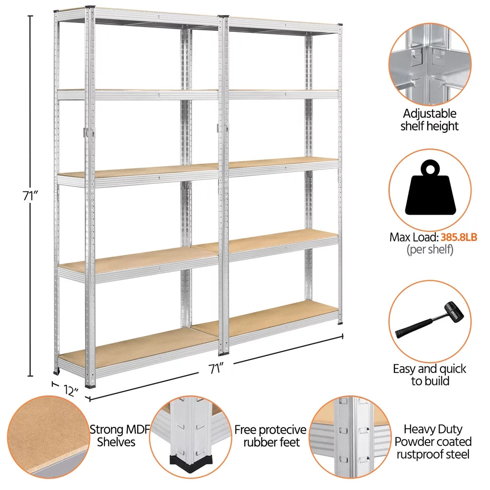 2PCS 5 Tiers Adjustable Storage Shelf Units for Garage, Silver