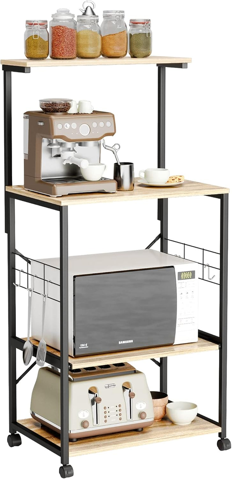 Kitchen Bakers Rack Microwave Stand Kitchen Cart on Wheels Utility Storage Shelf with 10 Side Hooks Kitchen Organizer Shelves with Adjustable Feet