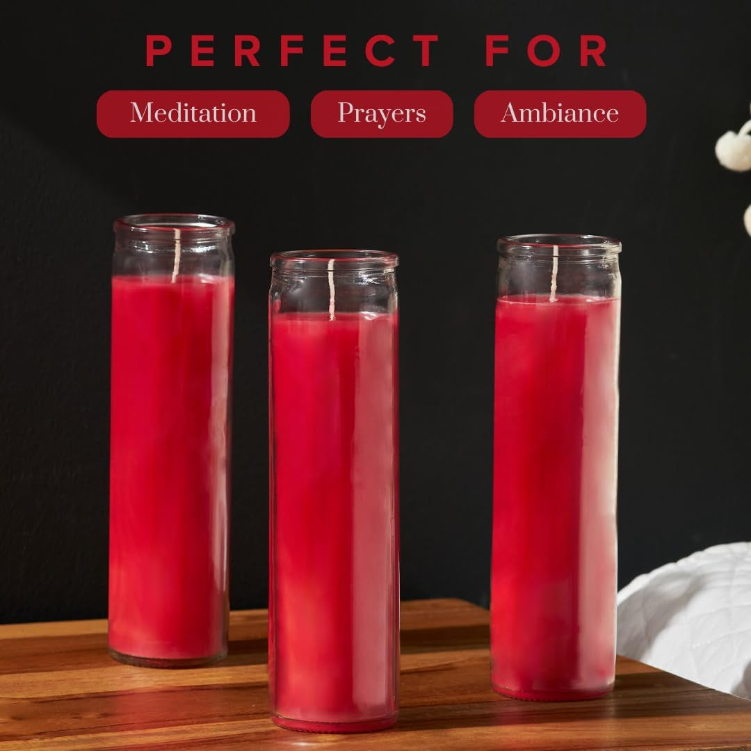 2X8 Inch 7 Day Red Pillar Candles in Glass, Set of 3, 90 Hour Burn Time, Unscented Prayer Candles, Religious Candles, Candles for Memorials, Vigil Candles, Emergency Candles