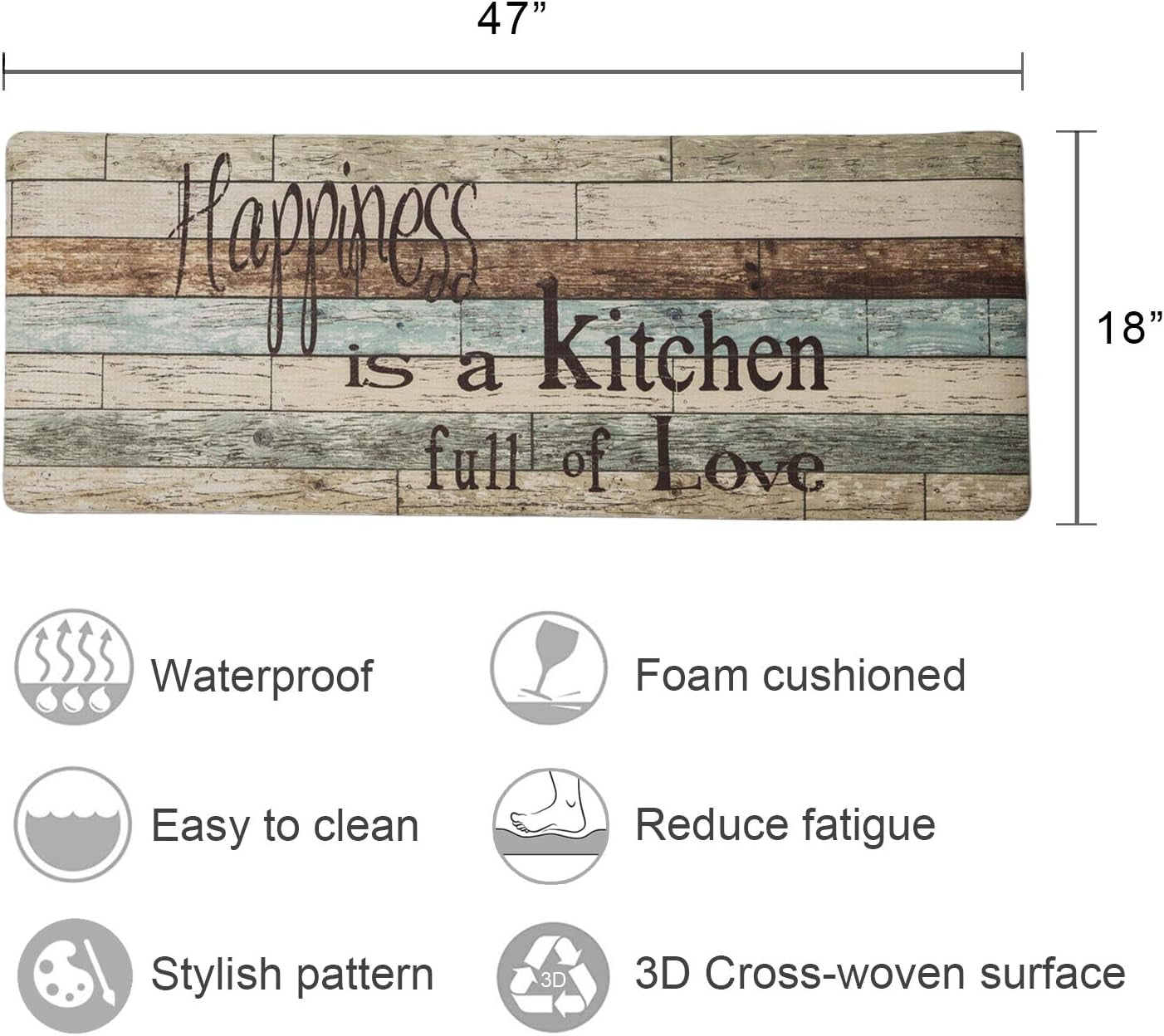 Farmhouse Kitchen Mats Cushioned Anti-Fatigue Comfort Mat for Home & Office Ergonomically Engineered Memory Foam Kitchen Rug Waterproof Non-Skid, 47" by 17",Happiness