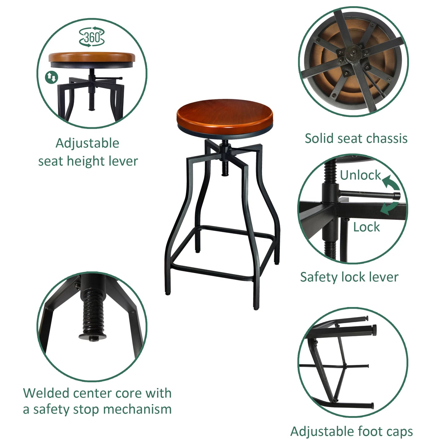 Industrial Adjustable Swivel Metal Kitchen Counter Stool with Wood Veneer Seat, Rustic Brown and Black, Set of 3