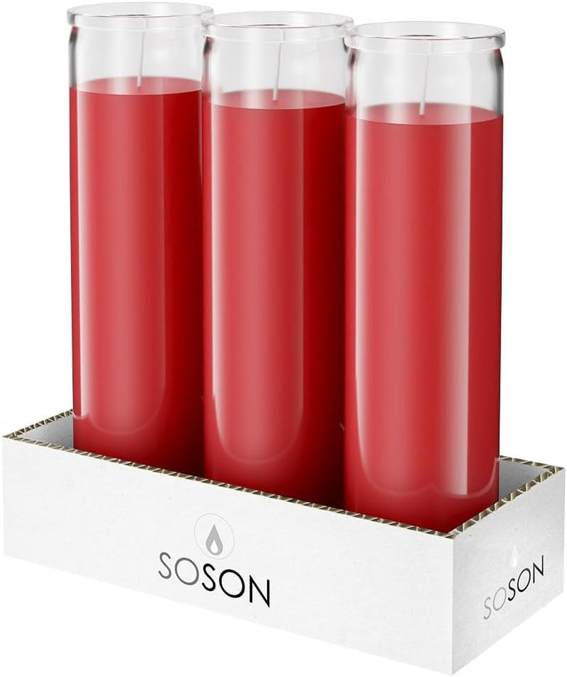 2X8 Inch 7 Day Red Pillar Candles in Glass, Set of 3, 90 Hour Burn Time, Unscented Prayer Candles, Religious Candles, Candles for Memorials, Vigil Candles, Emergency Candles