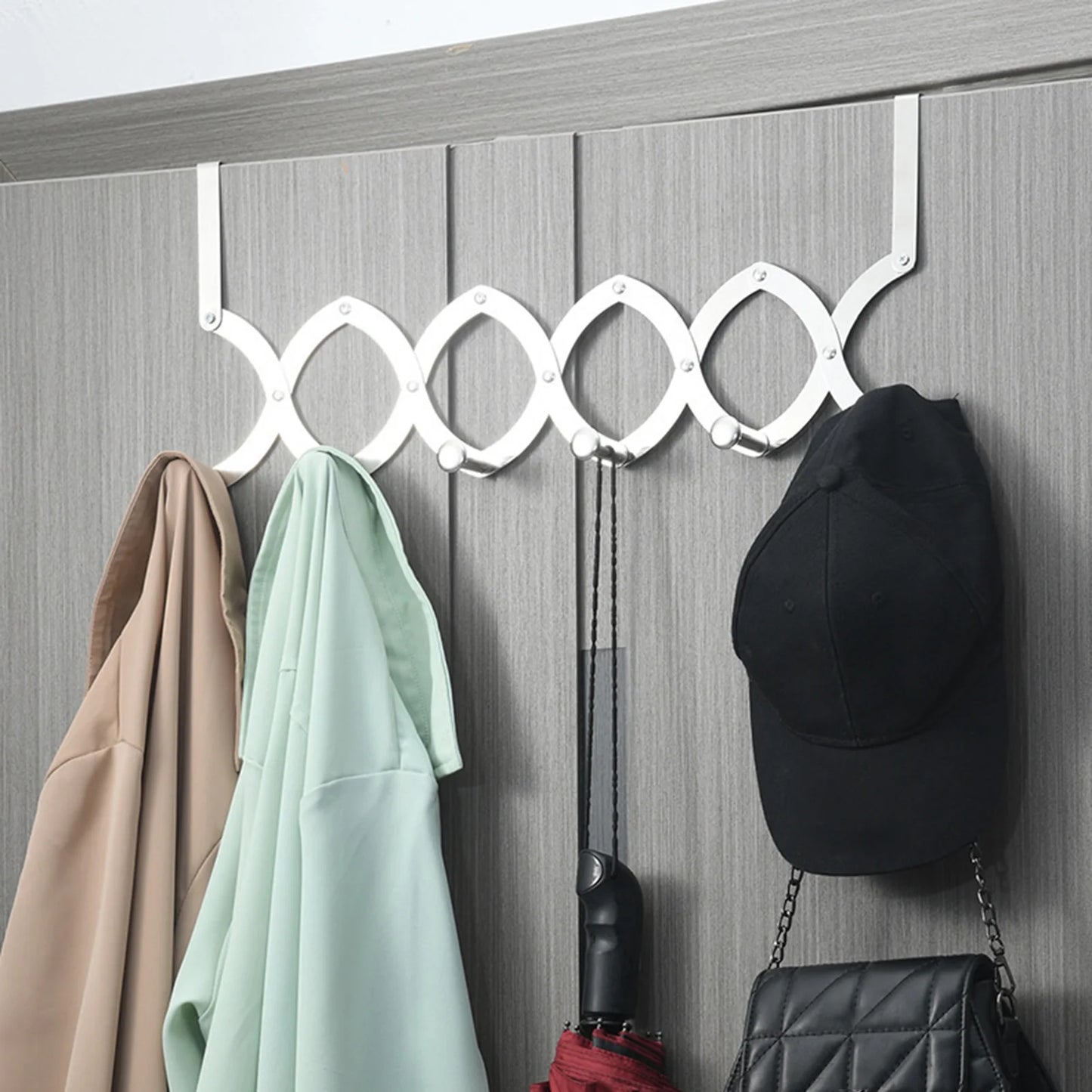 Retractable Hook Behind the Door,Stainless Steel Rack with 4/5/ 6 Hooks,Heavy-Duty Hanger for Towels,Coats,Bag,Hat,1 Pack