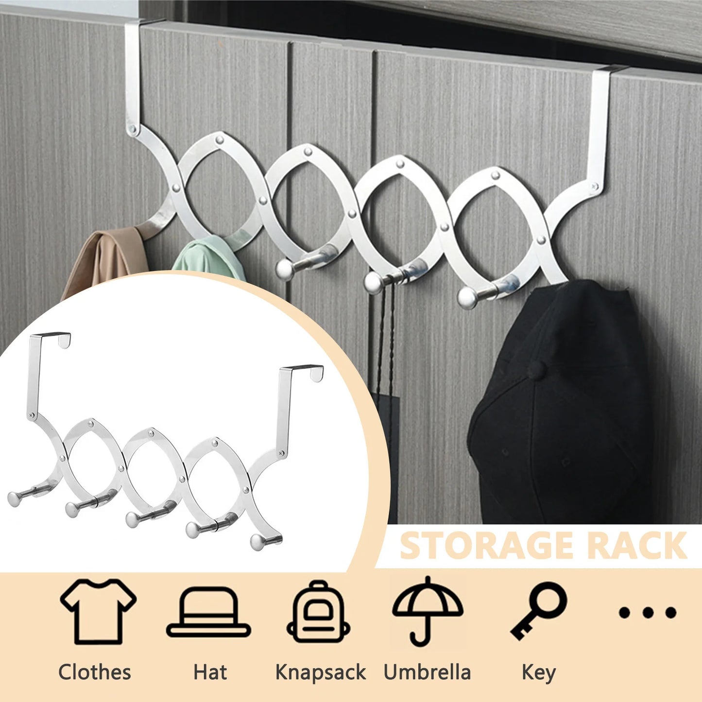 Retractable Hook Behind the Door,Stainless Steel Rack with 4/5/ 6 Hooks,Heavy-Duty Hanger for Towels,Coats,Bag,Hat,1 Pack