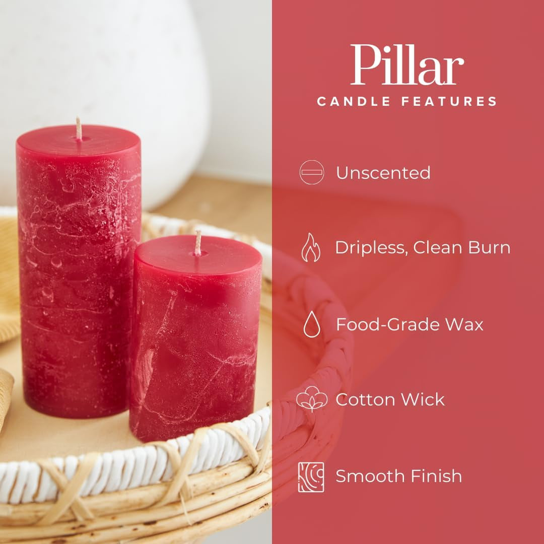 3X4, 3X6, 3X8 Inch Red Pillar Candles, Set of 3 Pillar Candles, Rustic Texture, Unscented Red Candles, Dripless Candles, Ideal as Wedding, Parties, Spa, Dinner, Home Decor, Church