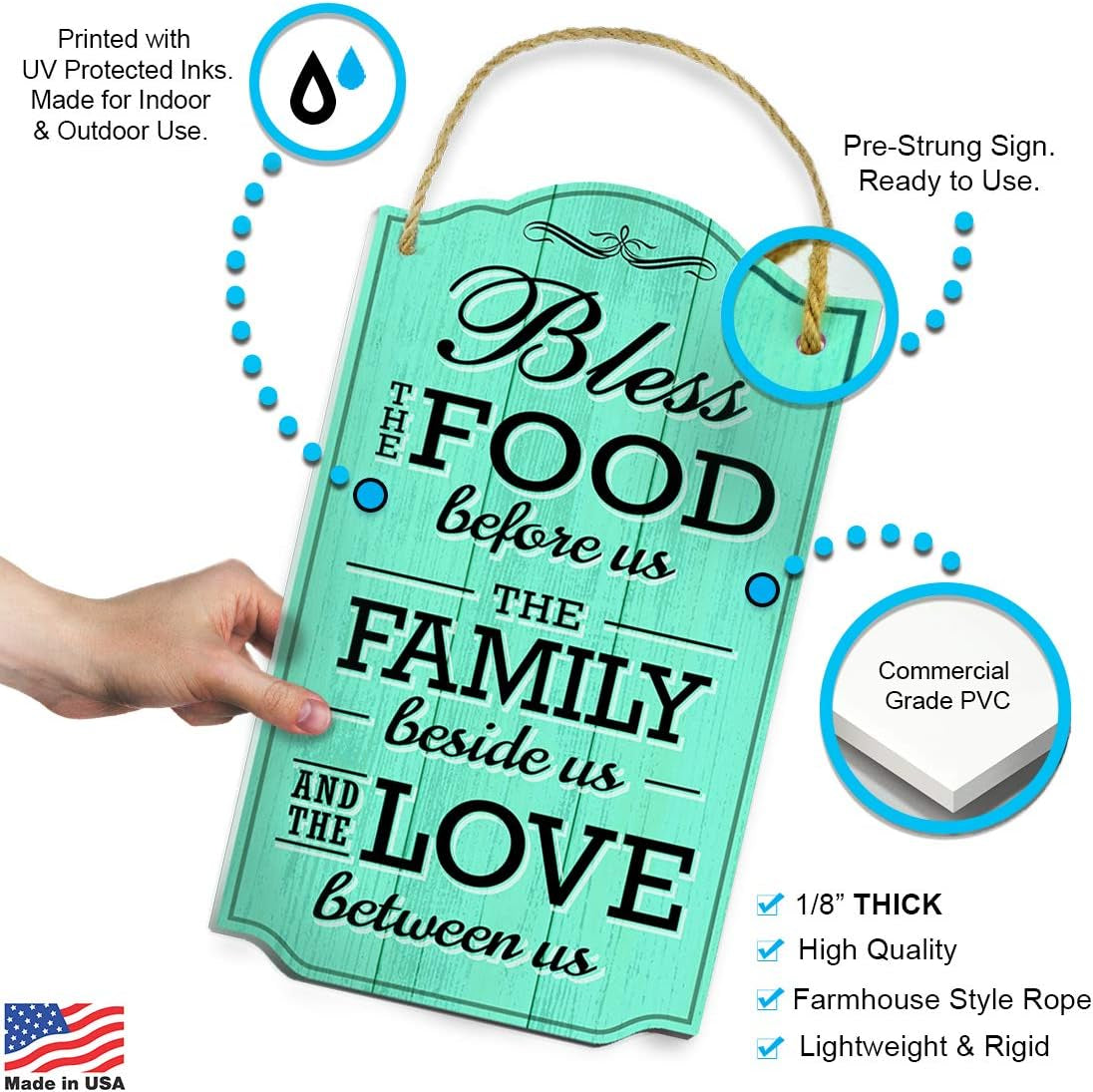 Bless the Food before Us Wall Decor - Heart Warming Kitchen Decor Quote - Strong PVC with Rope for Hanging - Country, Kitchen, Dining Wall Decor - Home Gifts - 8.5X14.5 Inch (Teal)