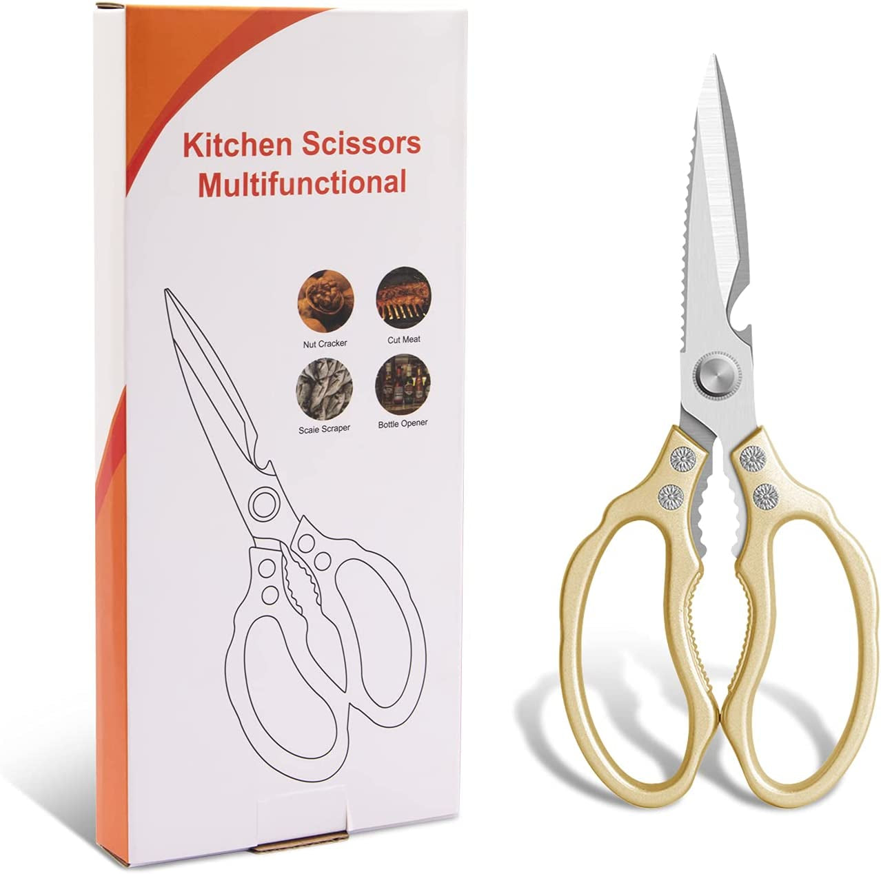 Kitchen Shears, Kitchen Scissors Heavy Duty Dishwasher Safe Tijeras De Cocina, Multi-Purpose Sharp Cooking Scissors for Kitchen, Chicken, Poultry, Fish, Meat, Herbs-Gold