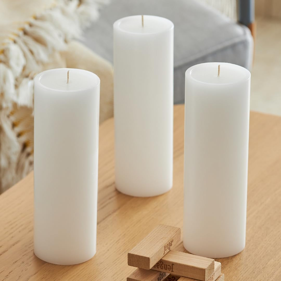 3X8 Inch White Pillar Candles Set of 3, Smooth Texture, Unscented White Candles, Dripless Candles, 3 Inch Pillar Candles Ideal as Wedding, Parties, Spas, Dinner, Home Decoration, Church