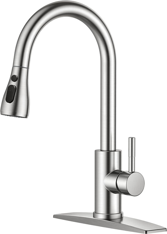 Kitchen Faucets, Brushed Nickel Kitchen Faucet with Pull down Sprayer, High Arc Single Handle Stainless Steel Sink Faucets 1 or 3 Hole, Kitchen Sink Faucets for Farmhouse Camper Laundry Rv Bar