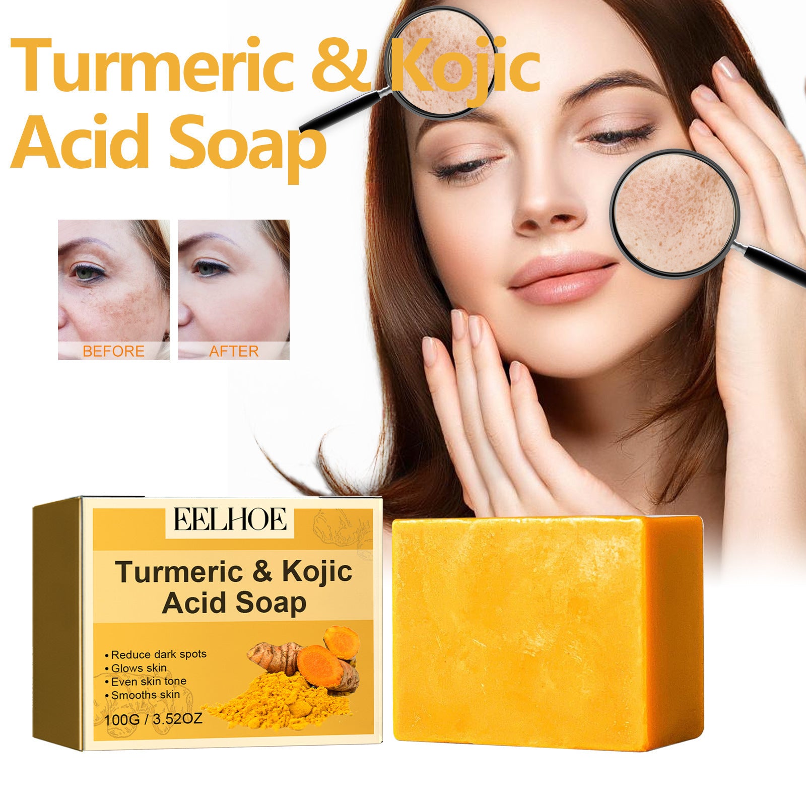 Turmeric and Kojic Acid Soap Gently Clean Facial Fading Spots Brighten Skin Color Hydrating Moisturizing