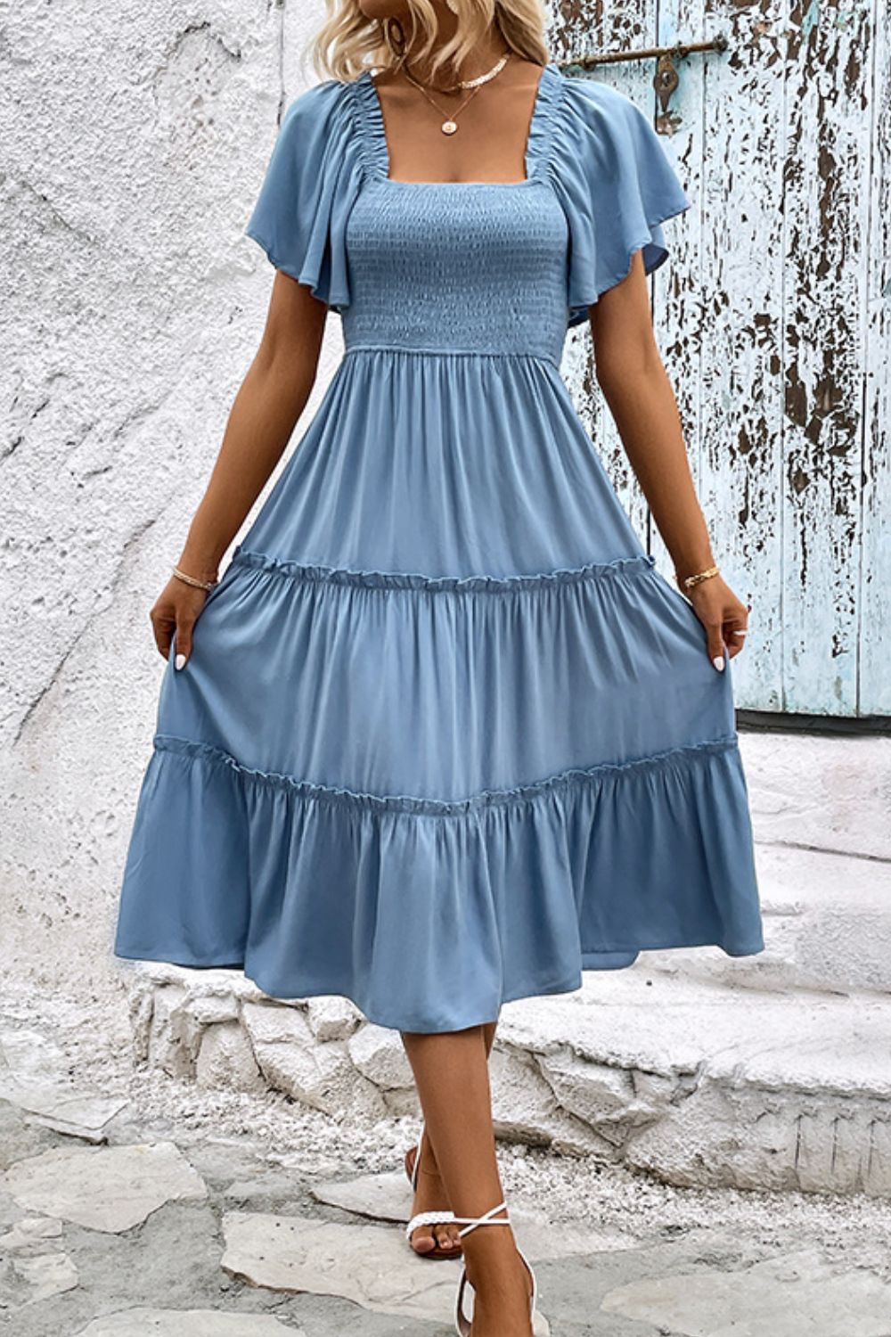 Perfee Smocked Square Neck Frill Trim Dress