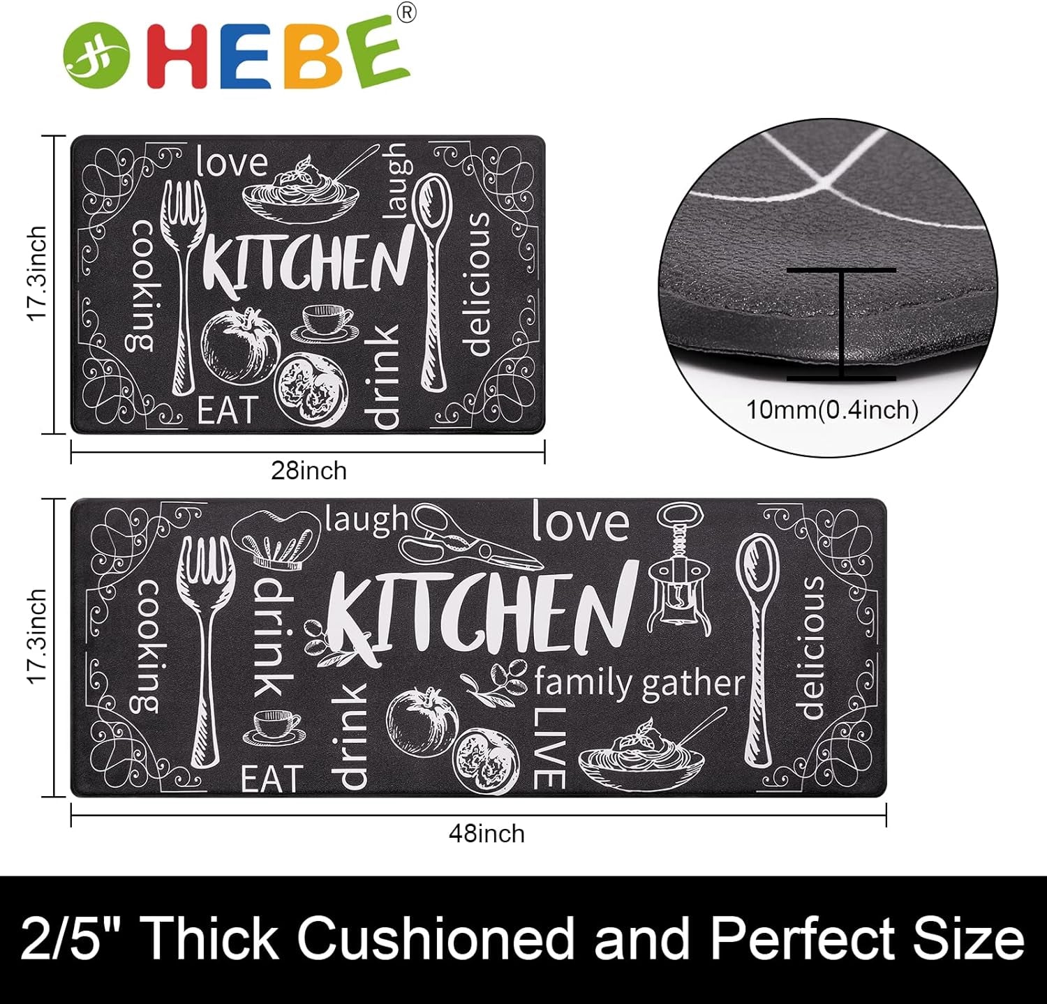 anti Fatigue Kitchen Rug Set of 2 Non Slip Cushioned Kitchen Mats for Floor Waterproof Comfort Kitchen Rugs and Mats Farmhouse Chef Mats Floor Carpet for Sink,Laundry Room