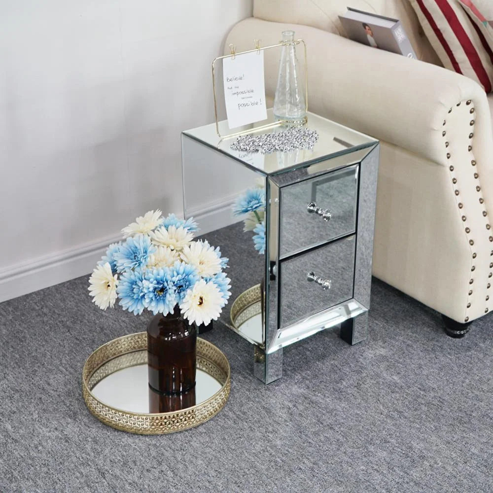 Mirrored Glass Bedside Table, Nightstand with Two Drawers, End Table, Silver