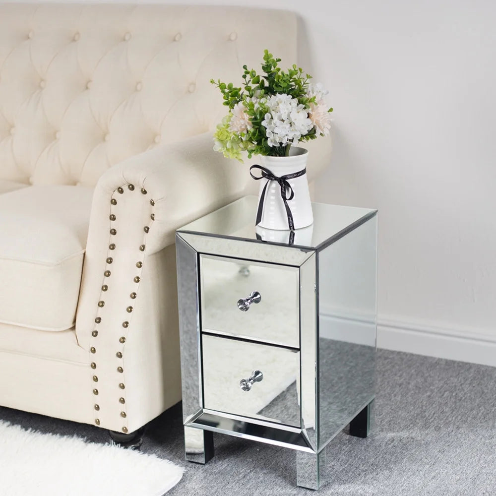 Mirrored Glass Bedside Table, Nightstand with Two Drawers, End Table, Silver