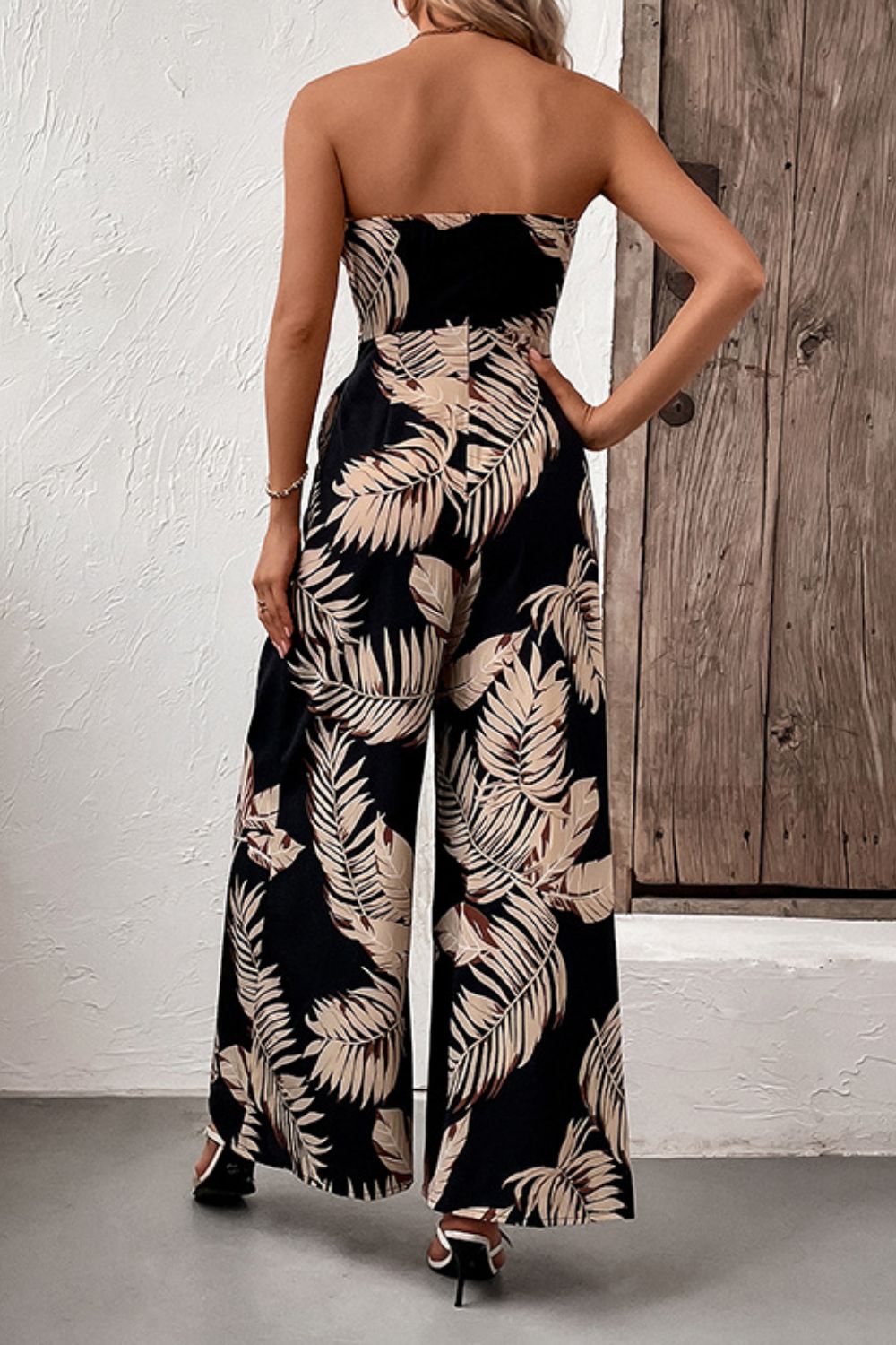 Perfee Printed Strapless Wide Leg Jumpsuit with Pockets