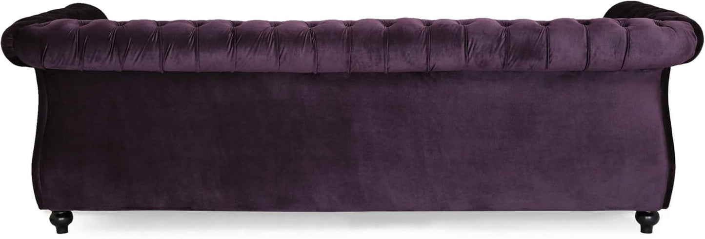 Tufted Jewel Toned Velvet Sofa with Scroll Arms, Blackberry