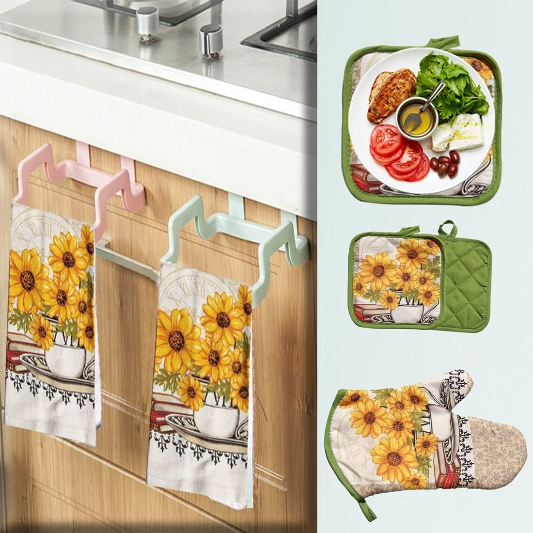 : Bright Sunflower 5-Piece Kitchen Set – 2 Soft Terry Dish Towels and 2 Quilted Potholders & 1 Oven Mitt for Everyday Use