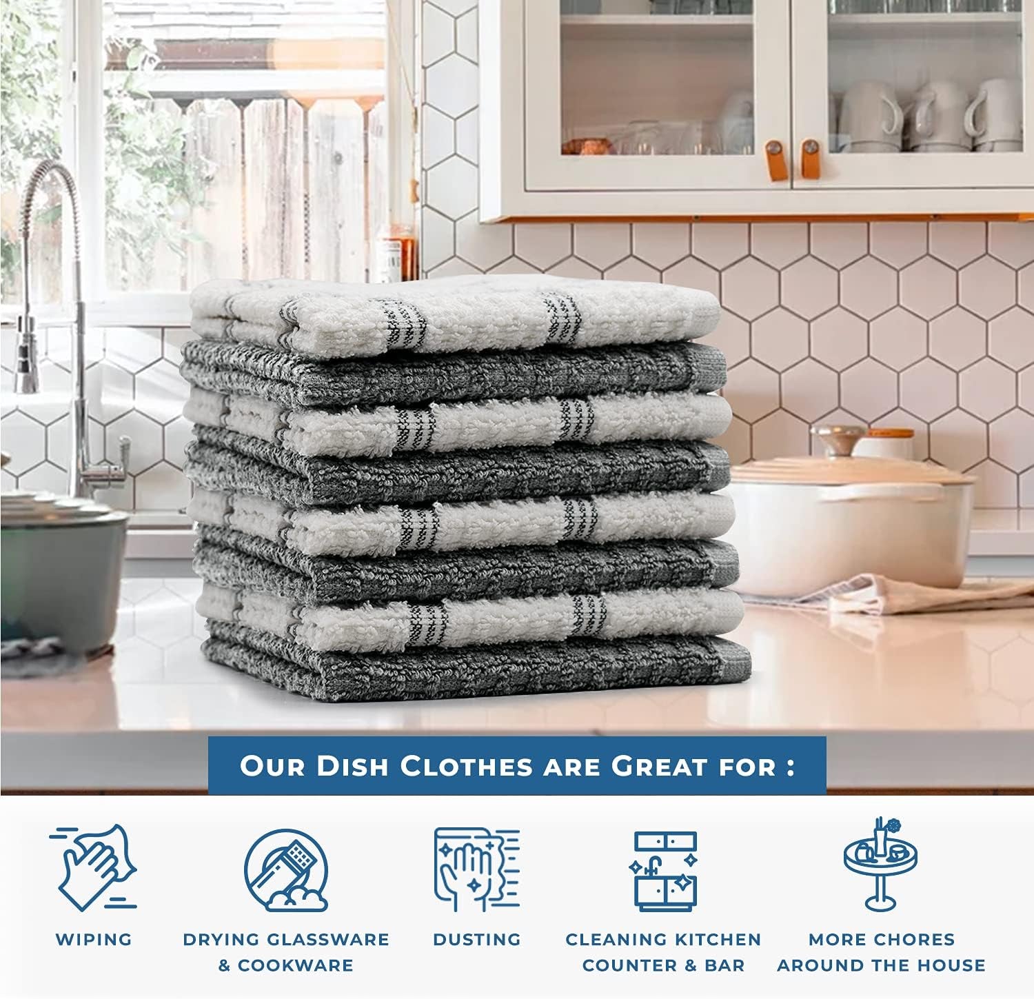 Dish Towels for Kitchen | 100% Cotton Dish Towels | Tea Towels for Kitchen | Dish Drying Towels | Dish Clothes for Washing Dishes | Kitchen Washcloths for Dishes |12”X12” Gray Pack-8