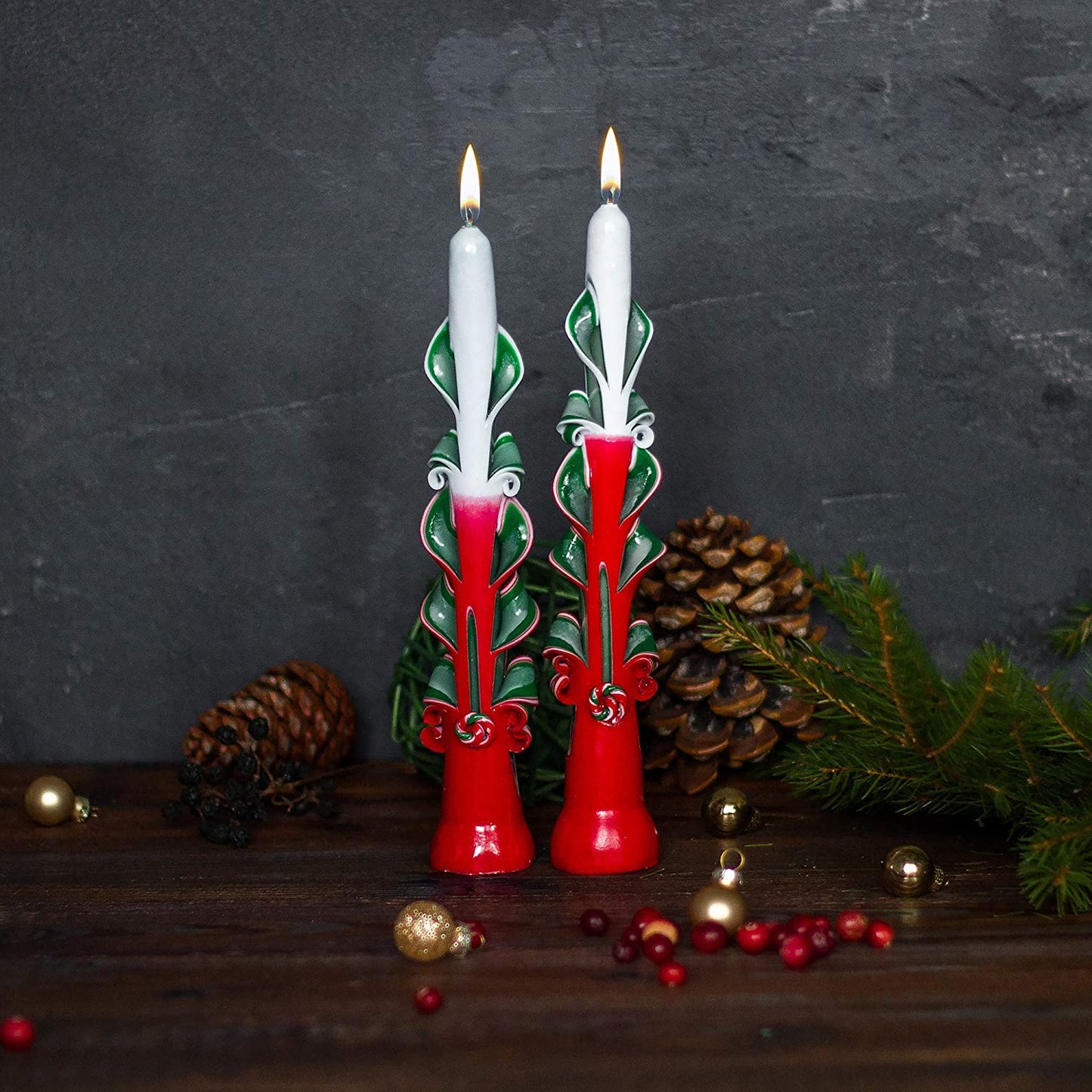 Christmas Candles - Taper Candles - Tall Candles - Carved Candles - Set of 2 Red Green Candles 9 Inches - Tapered Candles - Christmas Taper Candles - Hand Carved Taper Candles