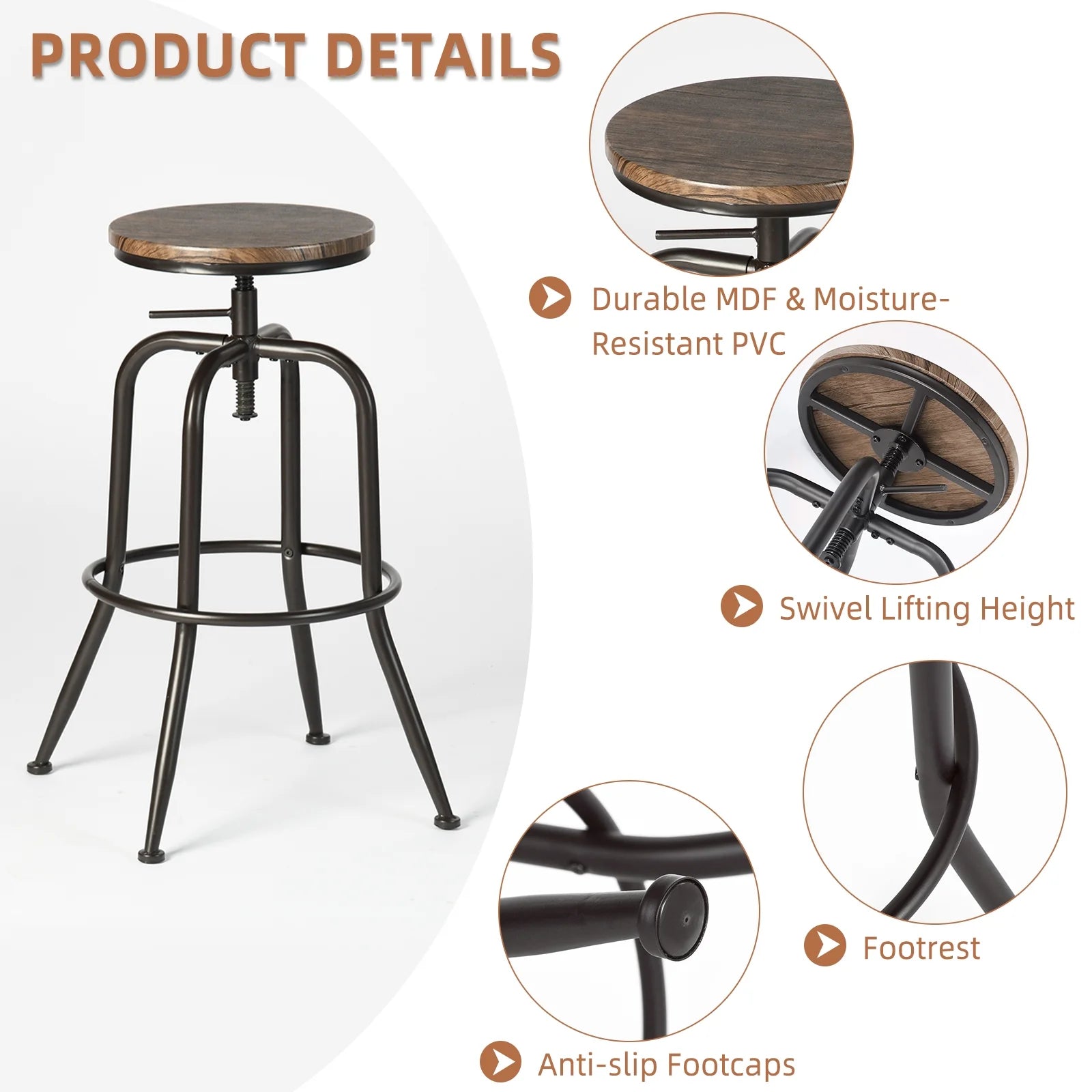 Adjustable Height Bar Stools Set of 4, 27 Inch Saddle Stools for Kitchen Counter Island, Walnut