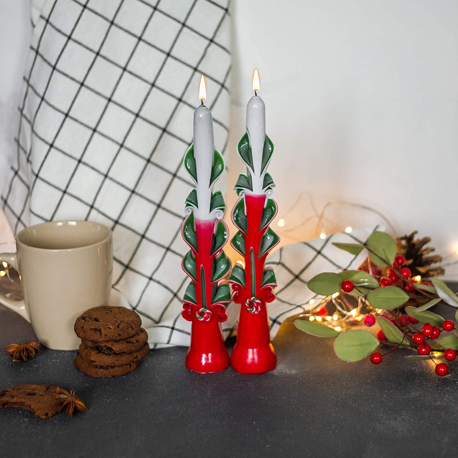 Christmas Candles - Taper Candles - Tall Candles - Carved Candles - Set of 2 Red Green Candles 9 Inches - Tapered Candles - Christmas Taper Candles - Hand Carved Taper Candles