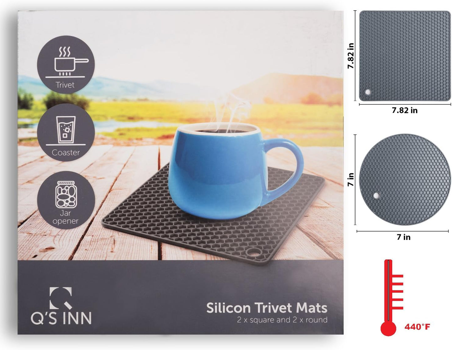 Silicone Pot Holders and Trivet Mats Heat Resistant to 440°F to Protect Your Table and Countertop Contains 4 Pieces 2 round and 2 Squared