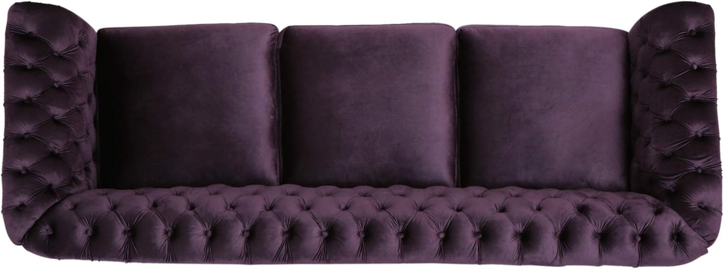 Tufted Jewel Toned Velvet Sofa with Scroll Arms, Blackberry