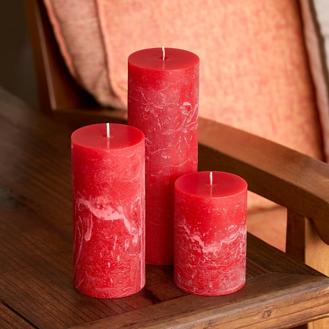 3X4, 3X6, 3X8 Inch Red Pillar Candles, Set of 3 Pillar Candles, Rustic Texture, Unscented Red Candles, Dripless Candles, Ideal as Wedding, Parties, Spa, Dinner, Home Decor, Church