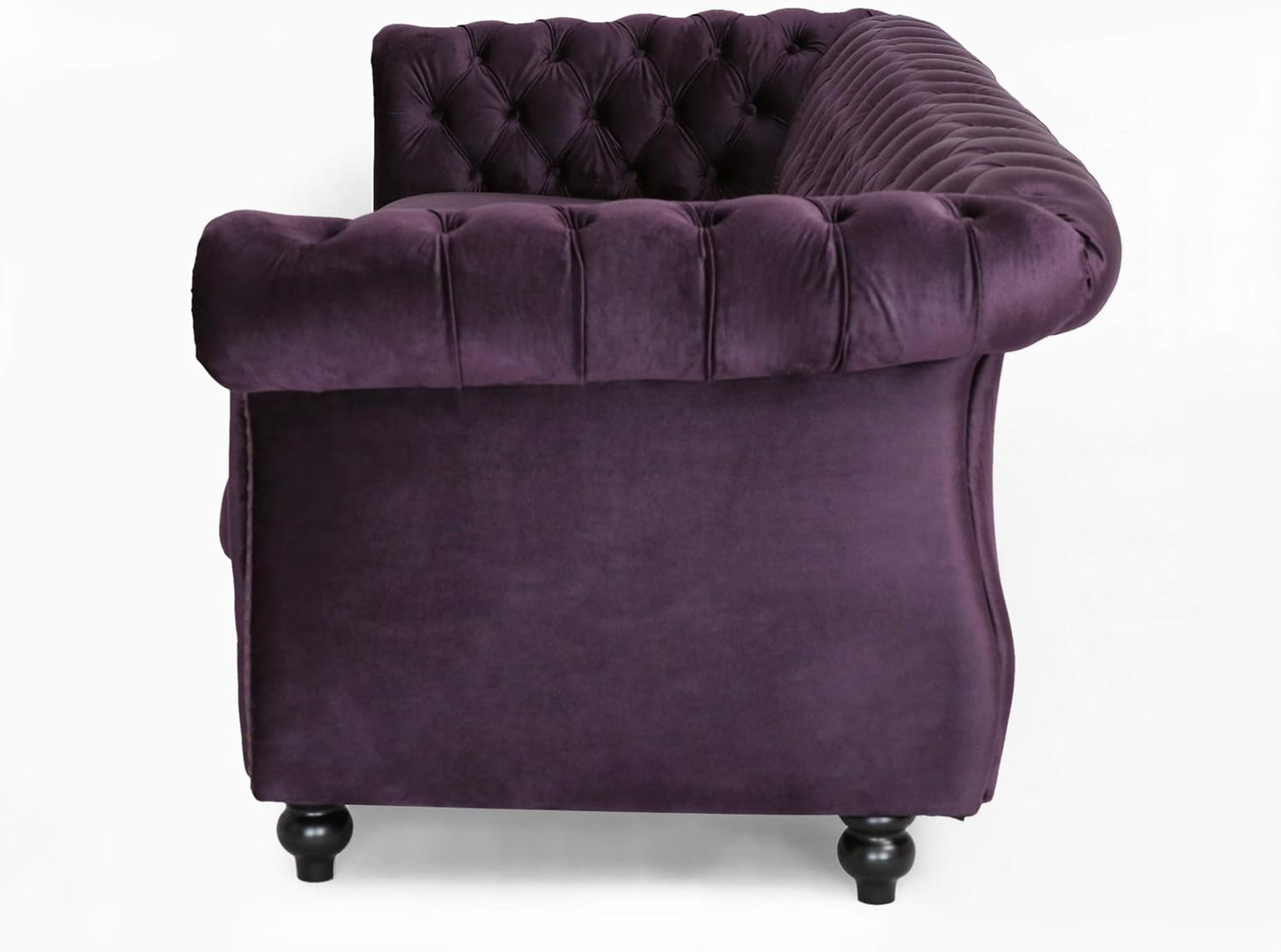 Tufted Jewel Toned Velvet Sofa with Scroll Arms, Blackberry