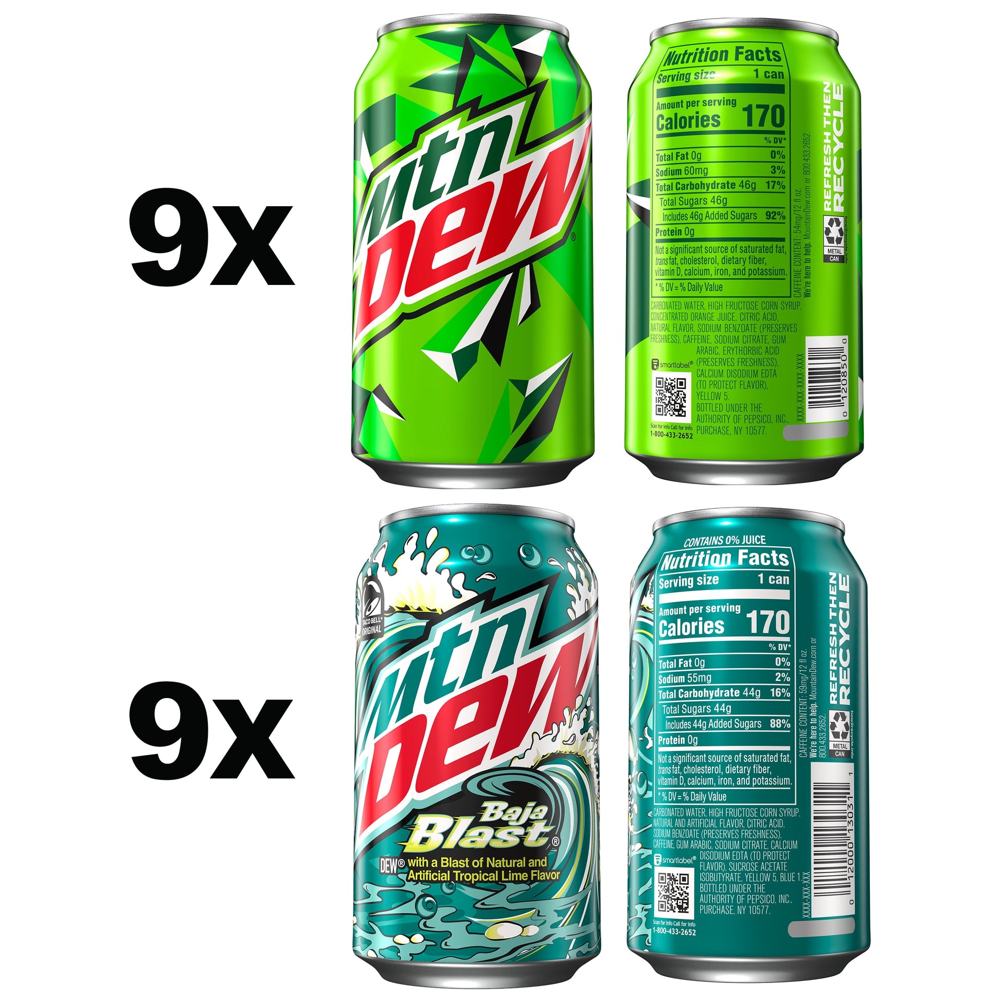 Baja Blast Natural & Artificial Tropical Lime and Citrus Soda Pop Flavored Variety Pack, 12 Fl Oz, 18 Pack Cans