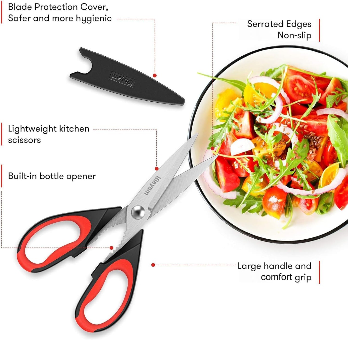 Kitchen Scissors All Purpose Heavy Duty Meat Poultry Shears, Dishwasher Safe Food Cooking Scissors Stainless Steel Utility Scissors, 2-Pack (Black Red, Black Gray)