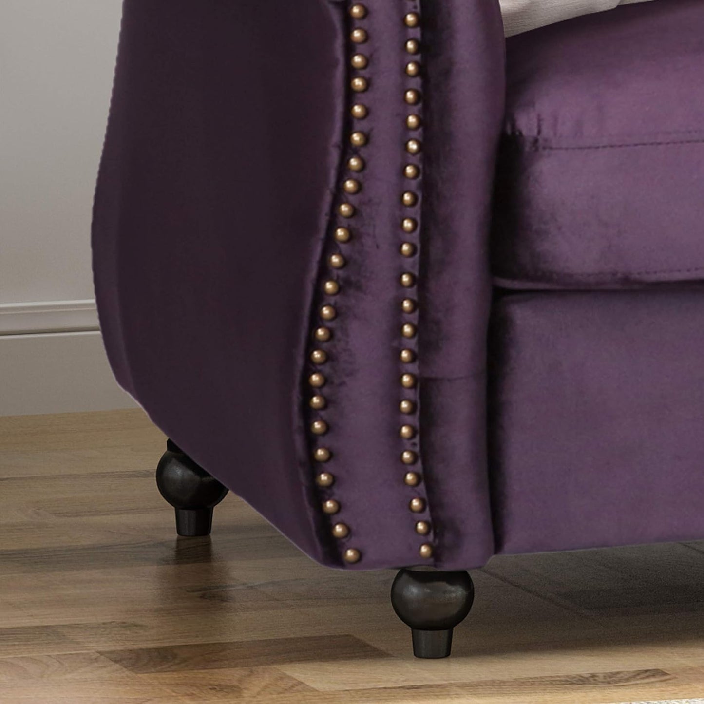 Tufted Jewel Toned Velvet Sofa with Scroll Arms, Blackberry