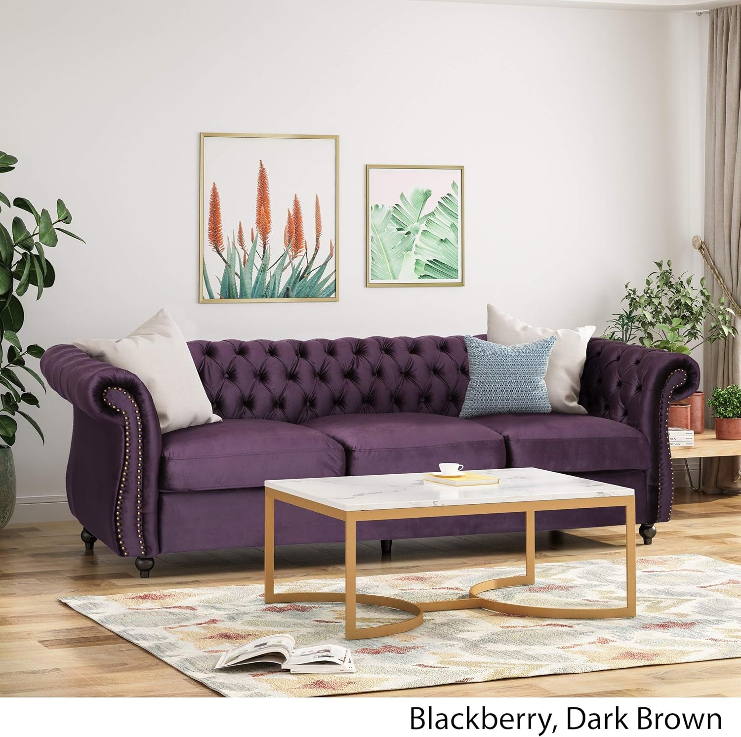 Tufted Jewel Toned Velvet Sofa with Scroll Arms, Blackberry