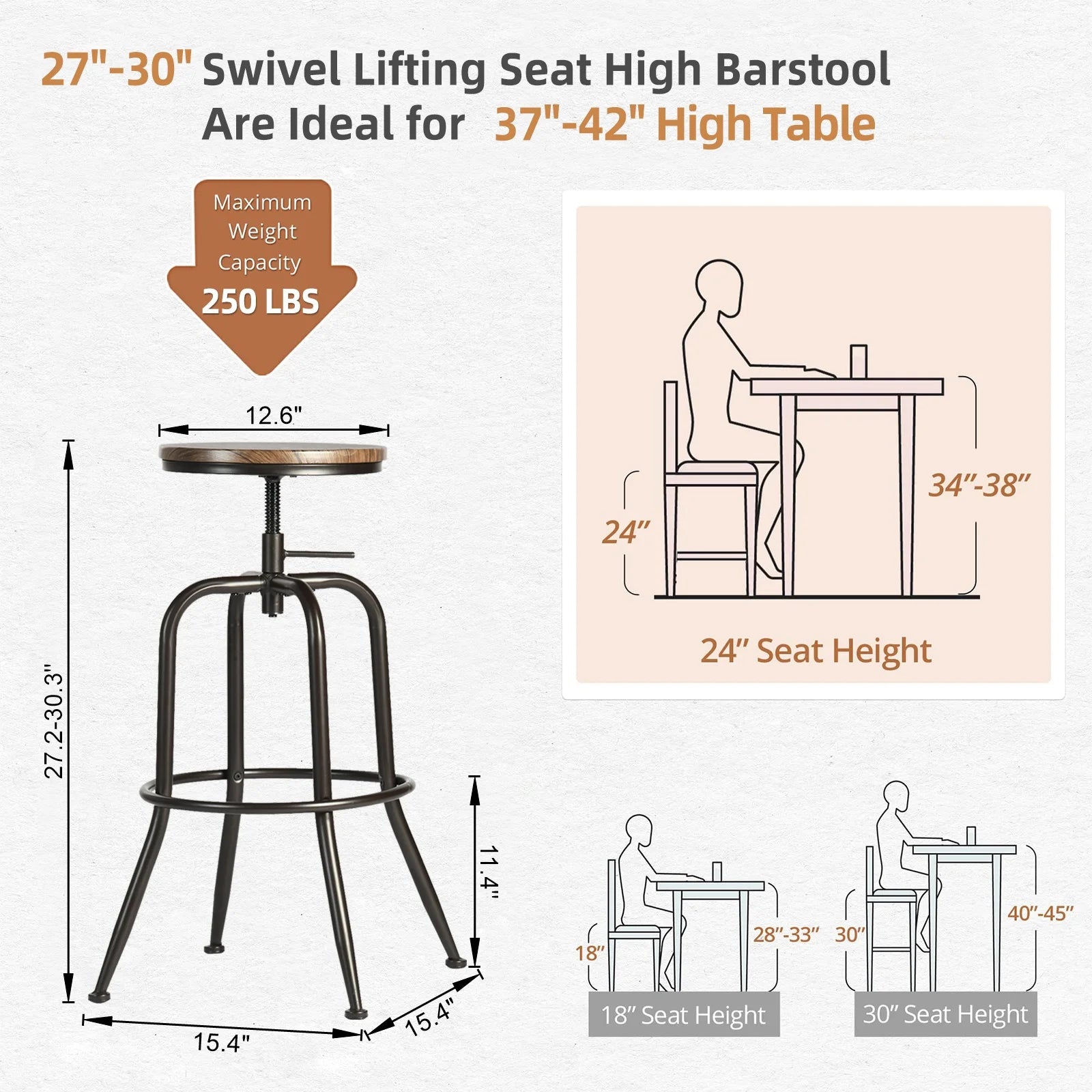 Adjustable Height Bar Stools Set of 4, 27 Inch Saddle Stools for Kitchen Counter Island, Walnut