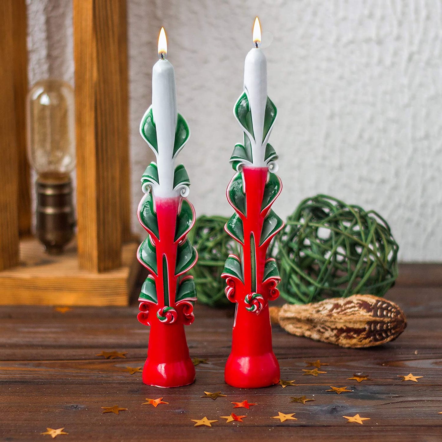 Christmas Candles - Taper Candles - Tall Candles - Carved Candles - Set of 2 Red Green Candles 9 Inches - Tapered Candles - Christmas Taper Candles - Hand Carved Taper Candles