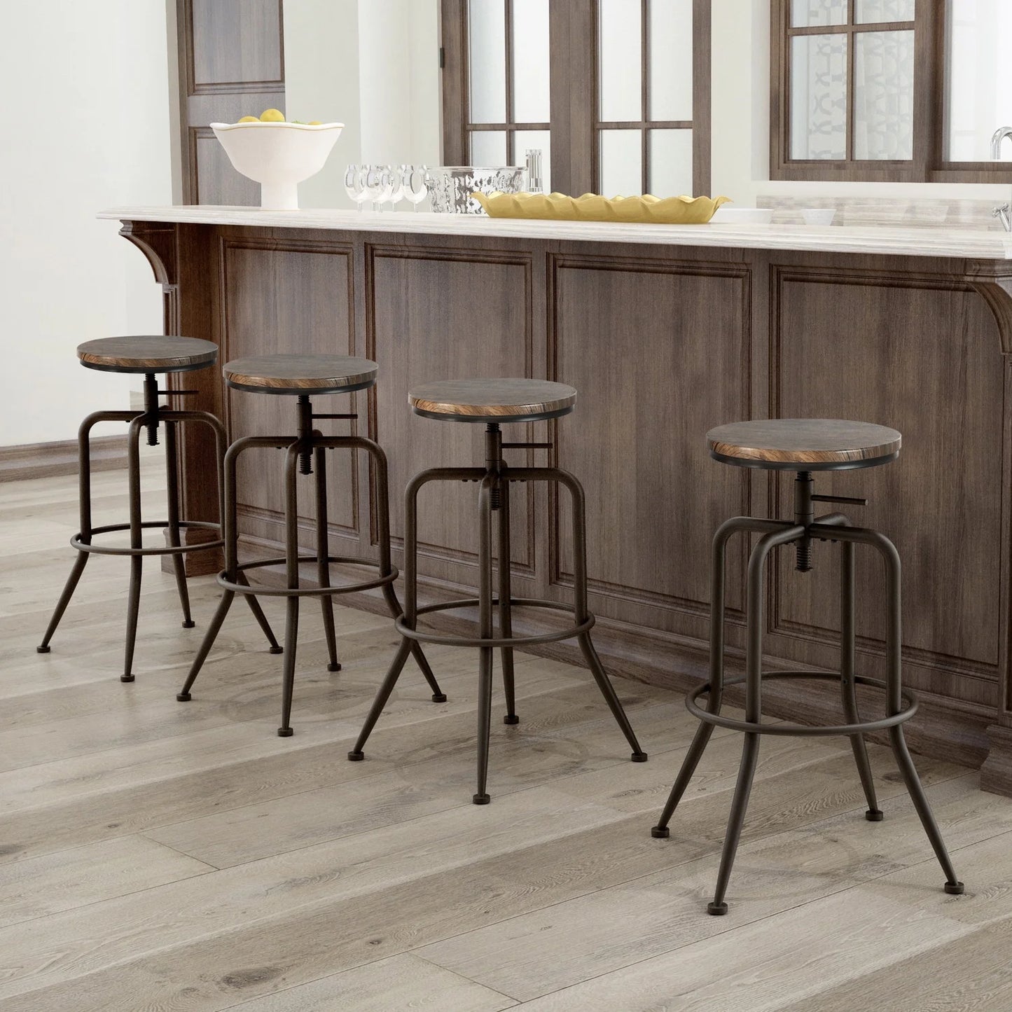 Adjustable Height Bar Stools Set of 4, 27 Inch Saddle Stools for Kitchen Counter Island, Walnut