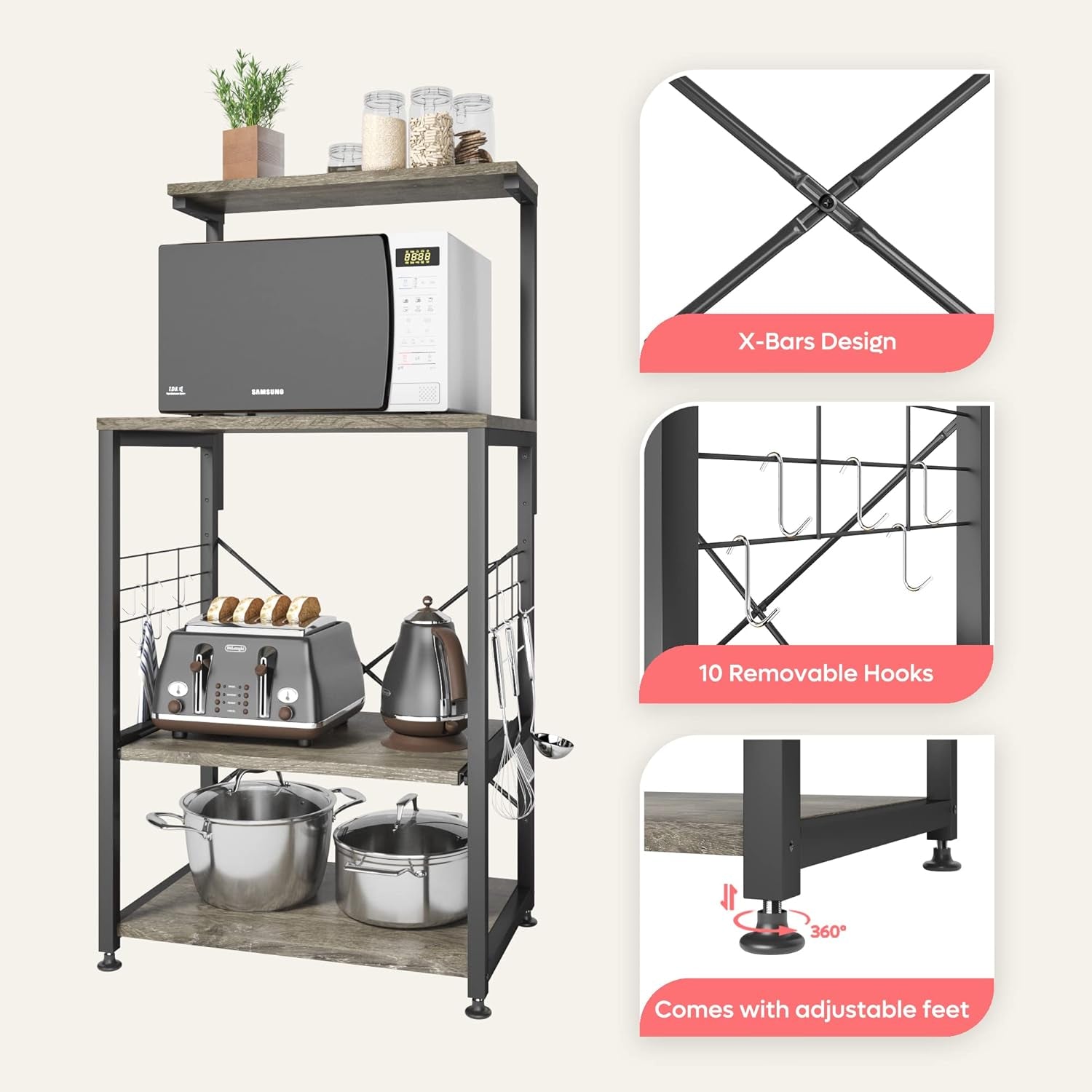 Kitchen Bakers Rack Microwave Stand Kitchen Cart on Wheels Utility Storage Shelf with 10 Side Hooks Kitchen Organizer Shelves with Adjustable Feet