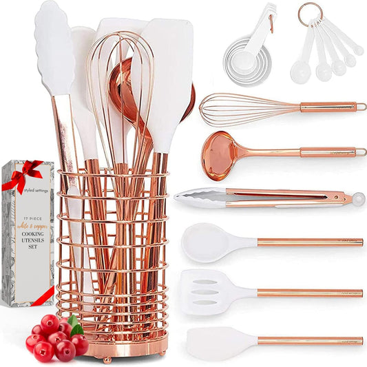 White Silicone & Copper Kitchen Utensils Set with Holder - 17 PC Rose Gold Kitchen Utensils Set Includes White & Copper Measuring Cups and Spoons & Copper Utensil Holder - Copper Kitchen Accessories