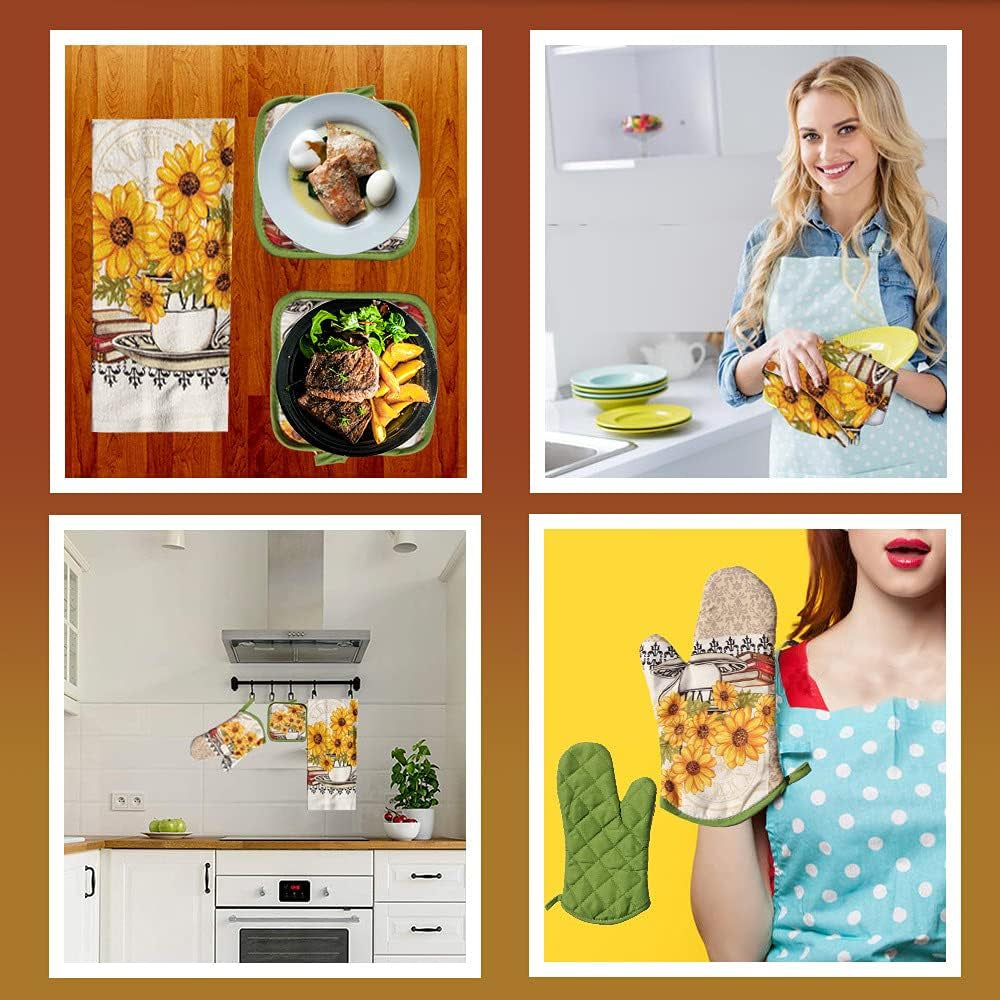 : Bright Sunflower 5-Piece Kitchen Set – 2 Soft Terry Dish Towels and 2 Quilted Potholders & 1 Oven Mitt for Everyday Use