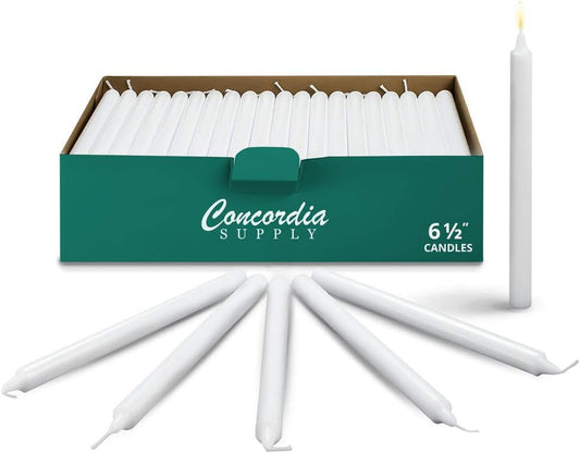 Candlelight Service Vigil Candles - 6.5" (H) X 1/2" (Dia), Candle Drip Protectors, Memorial Candles, Caroling Candles, Shabbat Candles, Dripless Taper Candles (Box of 250)