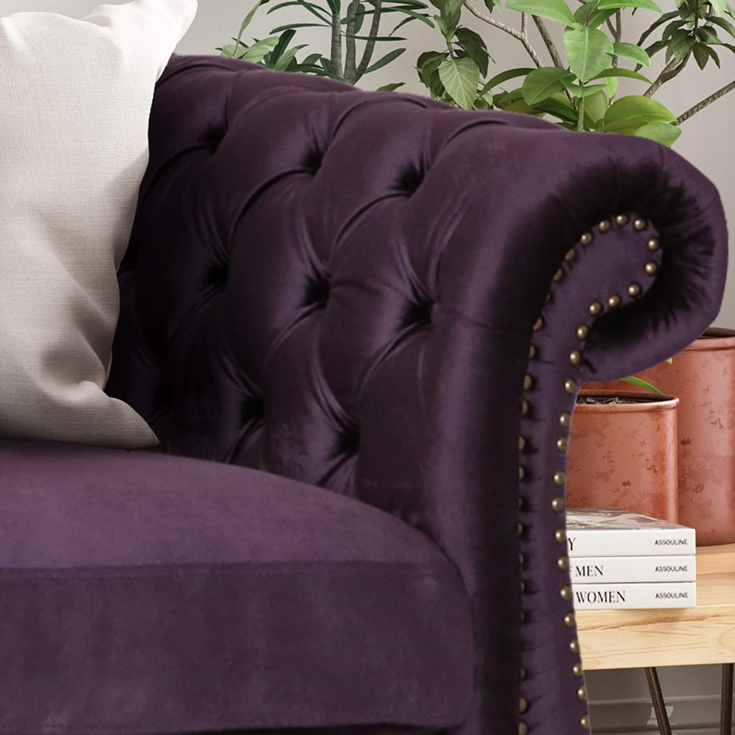 Tufted Jewel Toned Velvet Sofa with Scroll Arms, Blackberry