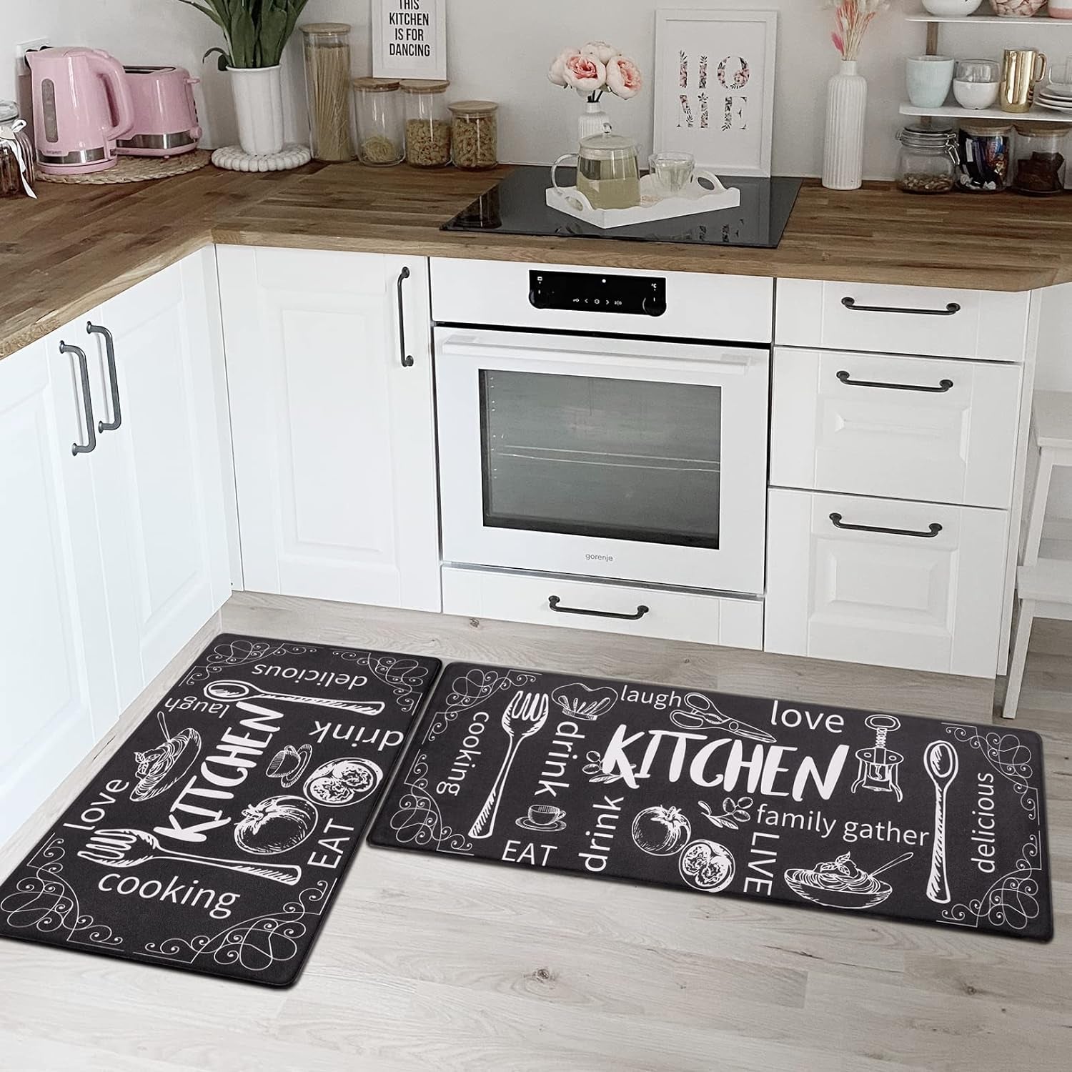 anti Fatigue Kitchen Rug Set of 2 Non Slip Cushioned Kitchen Mats for Floor Waterproof Comfort Kitchen Rugs and Mats Farmhouse Chef Mats Floor Carpet for Sink,Laundry Room