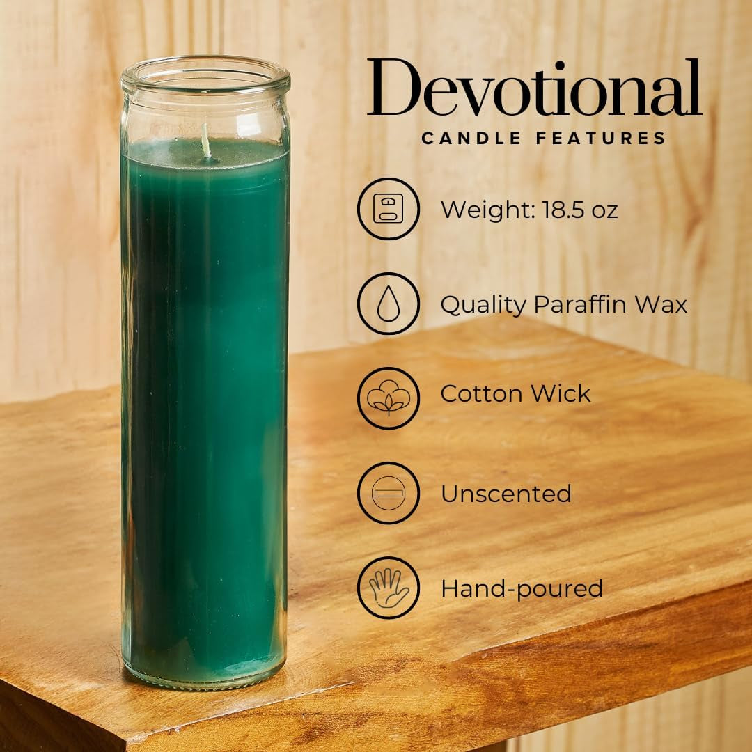 2X8 Inch Green Devotional Candles in Glass Jar - 3 Pack - 90 Hours – Prayer Candle - Tall Pillar Candles for Religious, Memorials, Party Decor