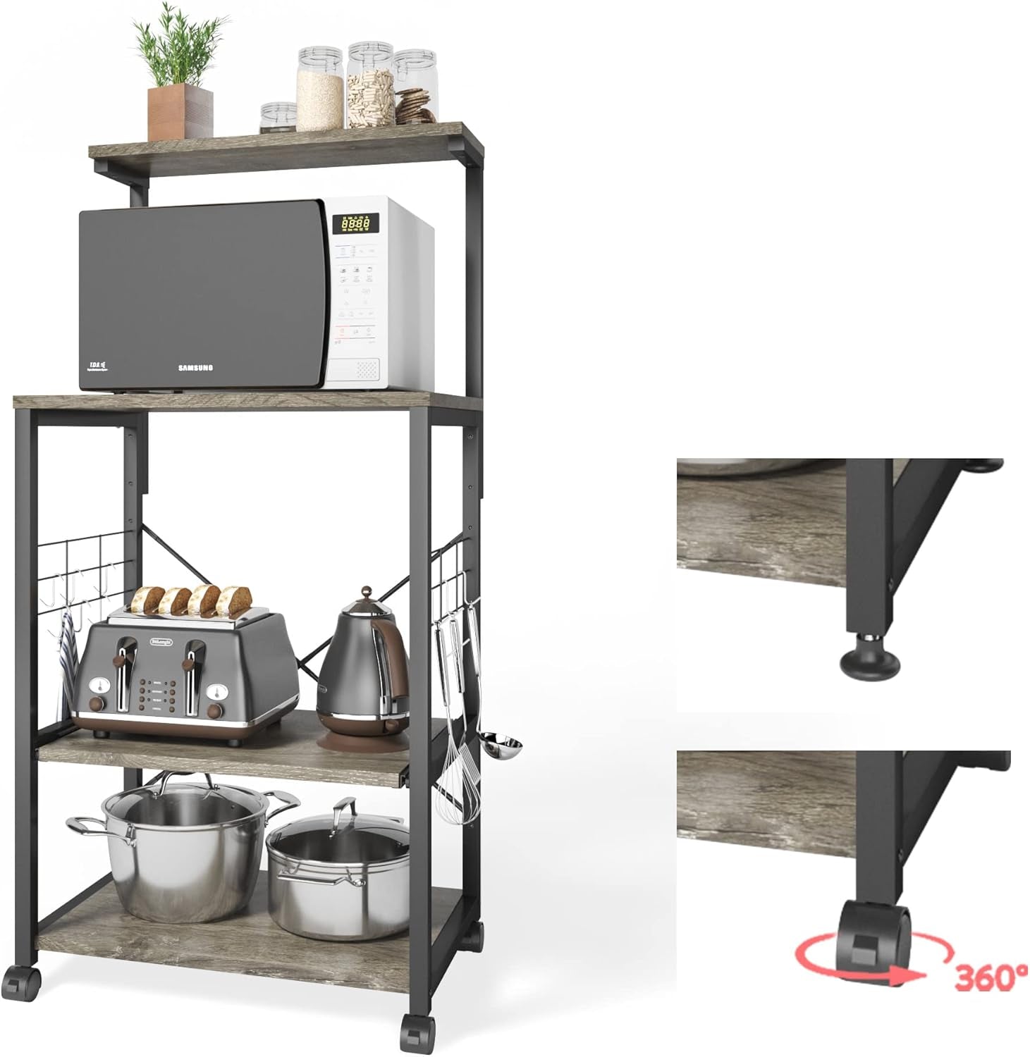 Kitchen Bakers Rack Microwave Stand Kitchen Cart on Wheels Utility Storage Shelf with 10 Side Hooks Kitchen Organizer Shelves with Adjustable Feet