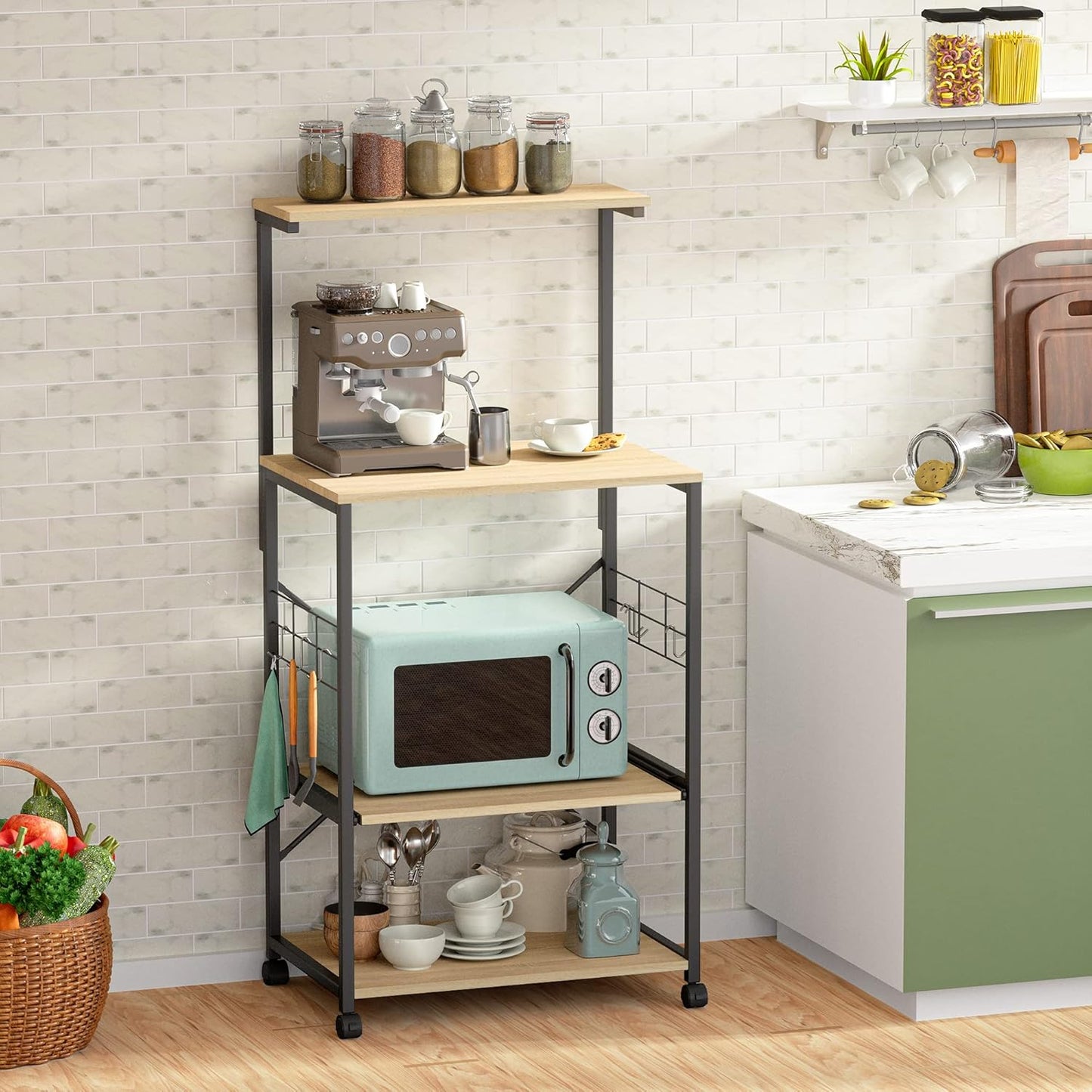 Kitchen Bakers Rack Microwave Stand Kitchen Cart on Wheels Utility Storage Shelf with 10 Side Hooks Kitchen Organizer Shelves with Adjustable Feet